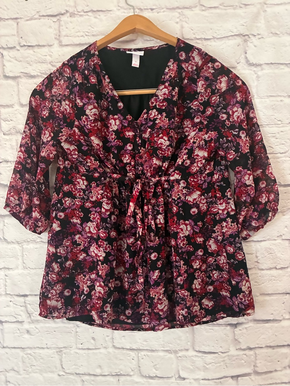 Isabel Mayernity Floral Tie-Front Blouse - Black & Berry - Small